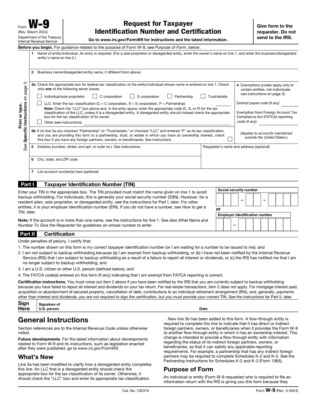 Page 1 of the blank IRS Form W-9 (Rev. March 2024), Request for Taxpayer Identification Number and Certification