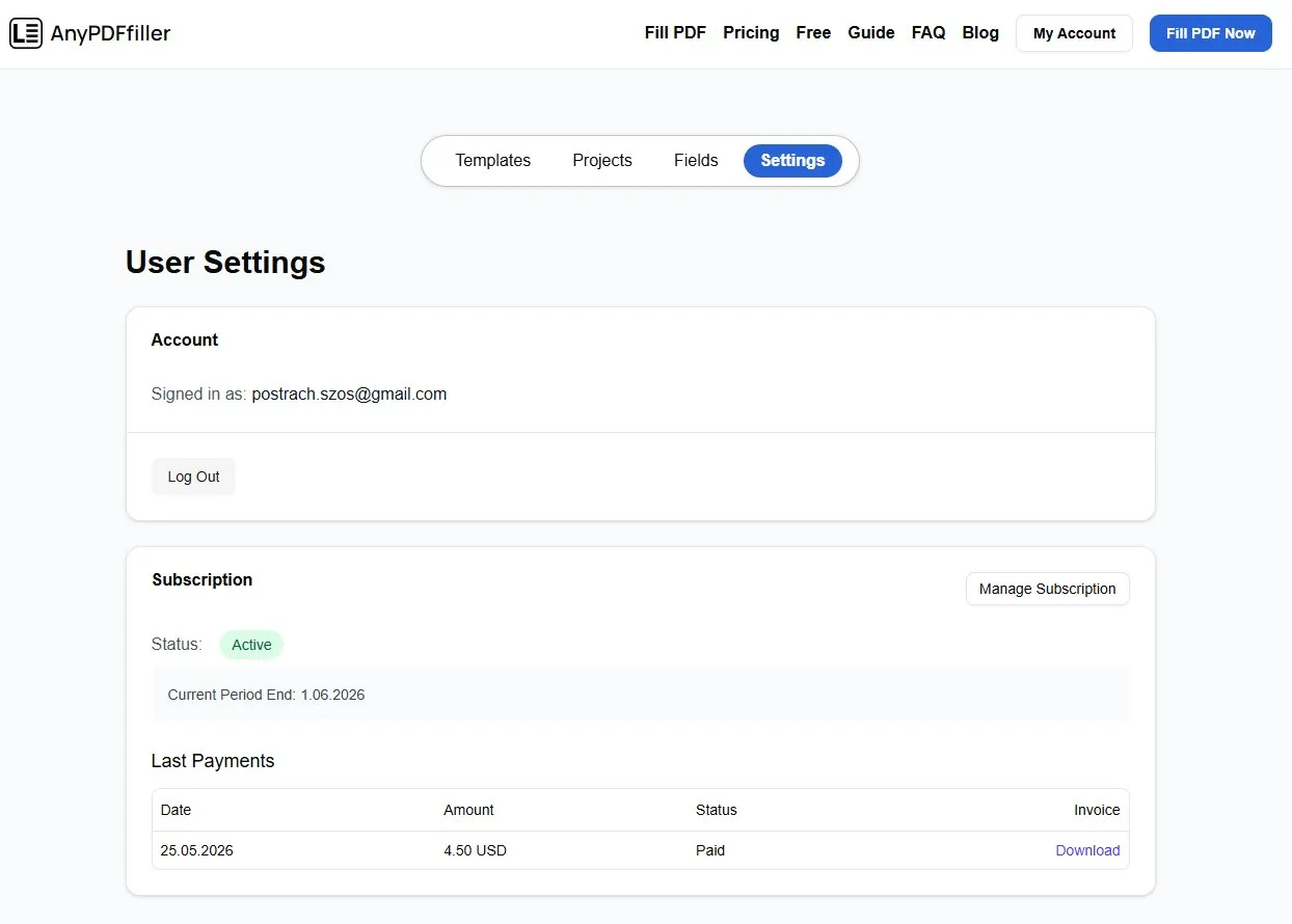 Manage account screen